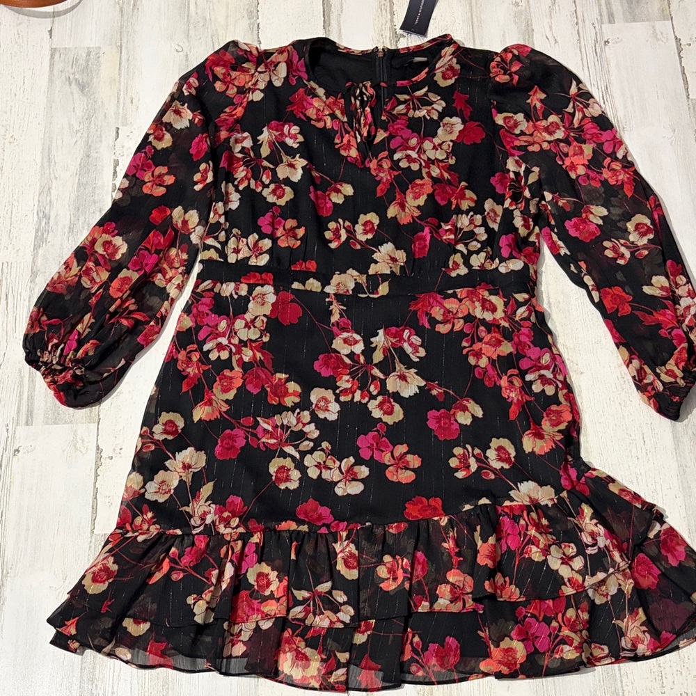 Tommy Hilfiger Black and Reddish Pink Floral Long Sleeve Dress metallic NWT - Picture 2 of 11